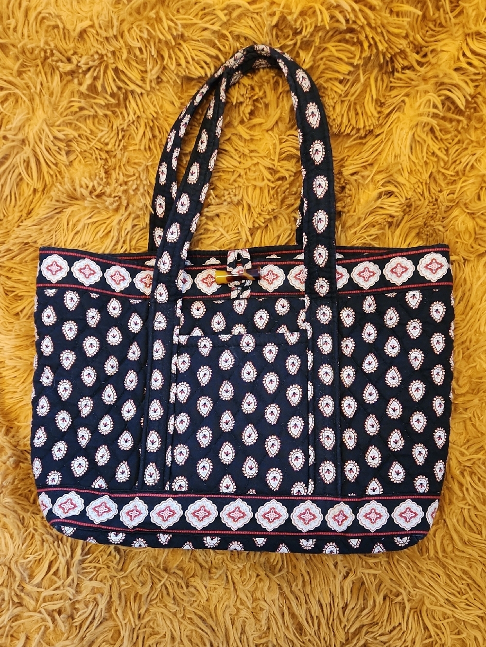 Vera Bradley Black Quilted Patterned Tote with Red and White Accents
